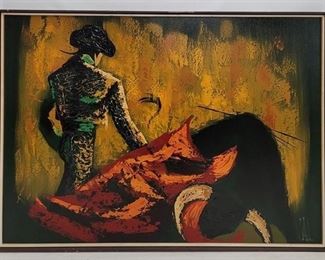 232 - Mid-century canvas art - signed 58 x 41 side of frame has split, needs reglued
