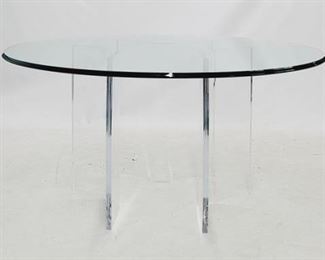 246 - Acrylic base, thick glass top dining table 3 lucite pedestals, ogee edge table top 29.5 x 60
