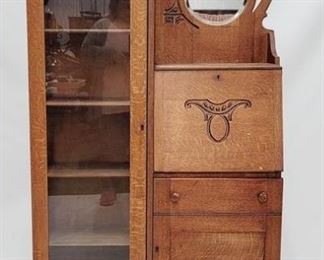 252 - Vintage fancy carved oak side by side fall front secretary, 2 beveled mirrors 75 x 36 x 10
