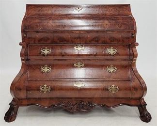 253 - Fantastic bombe & burled fall front secretary on claw feet, carved skirt hidden compartments 44 x 56 x 26

