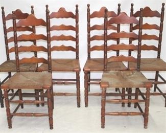 281 - Set of 6 ladder back chairs, rush seats 42.5 x 18.5 x 16
