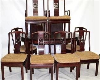 293 - Asian pierce carved mahogany dining set table 30.5 x 60 x 40, w/ 2 leaves 8 chairs 37 x 17.5 x 17.5
