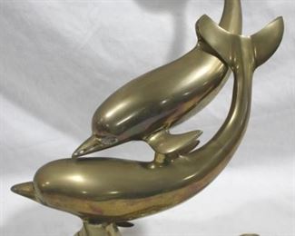493 - Vintage Large Brass Double Dolphin Figure 14.5 x 13

