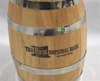 514 - First National Bank Danville, VA Wood Barrel Bank 6" tall - w/ key
