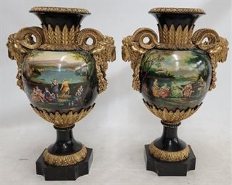 569x - Monumental pair Larry Flynt Neoclassic-Style Urns painted 28"h x 19"w x 12"d - AS IS
