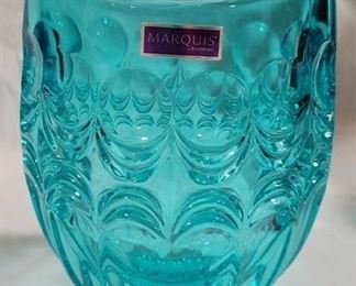 584 - Marquis by Waterford Primrose Teal Vase, signed w/ box - 5 x 4 x 3
