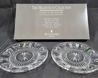 599 - Waterford Millennium Toast Accent Plates-2 signed, w/ box & seahorse sticker 8" round
