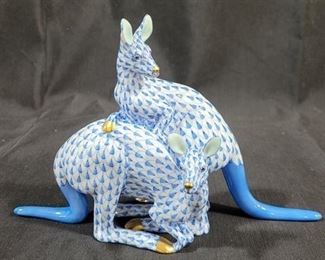 618 - Herend Pair of Kangaroos Figurine in Blue Fishnet 5.5 x 8

