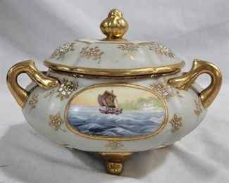 649 - Nippon Tripled Handled Hand Painted Biscuit Jar 6 x 7.5
