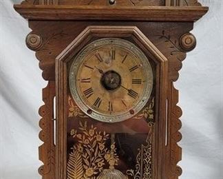 700 - Vintage Carved Walnut Thermostat Clock Thermometer at top - 24 x 15 x 4.5 w/ key & Pendulum
