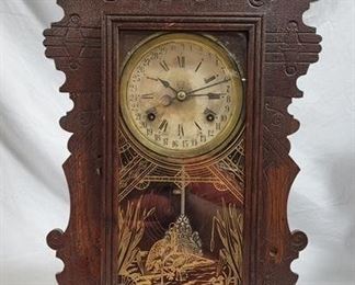 702 - Waterbury Oak Calendar Mantle Clock 23.5 x 15 x 4.5 - w/ key & Pendulum
