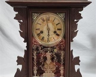 703 - 1 Day Welch Carved Mantle Clock 20 x 13 x 5 - w/ key & Pendulum
