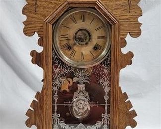 706 - Ansonia Oak Alarm Mantle Clock 22.5 x 15 x 5.5 - w/ key & Pendulum
