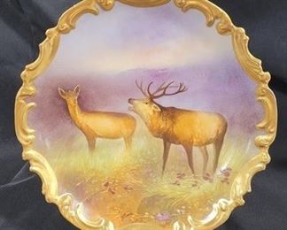 728 - Limoges Hand Painted Charger-artist signed w/ doe & stag - 13" round
