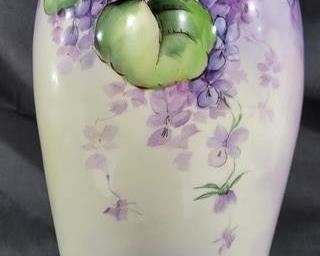 734 - T&V Limoges Tall Vase w/ Violets - artist signed 13 x 7
