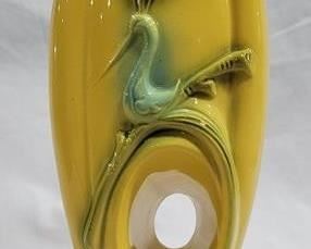 751 - Kitschy Art Pottery Vase w/ bird, signed USA 10.5 x 5 x 3
