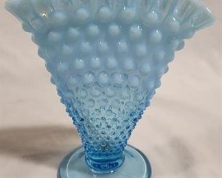 752 - Fenton Opalescent Blue Hobnail Fan Vase 6 x 6 x 3
