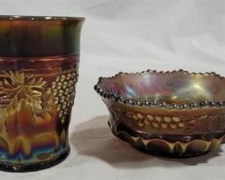 801 - Signed Northwood grape carnival glass 4" flat tumbler 5" berry bowl
