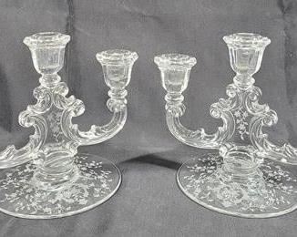 806 - Pair Fostoria Navarre 3 lite candlesticks
