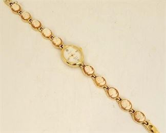 844 - Ladies Lucoral diamond quartz cameo watch gold tone 7.25"
