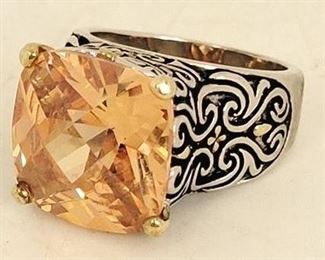 855 - Citrine like stone, silver & gold accent ring size 7.75 no signature
