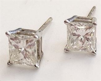 857 - 1.5 Ct TW Diamond princess cut stud earrings .75 carat approx each stone screw poles, no backs
