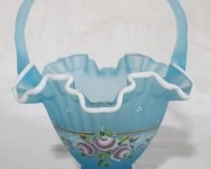 881 - Fenton hand painted blue basket milk glass edge, signed by artist 9.5 x 7
