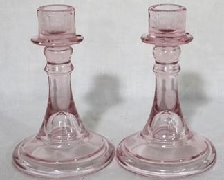880 - Pair pink glass 6" candleholders
