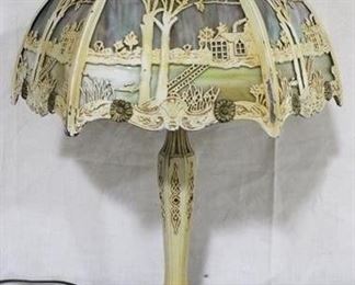 895 - Vintage slag glass paneled table lamp 21"
