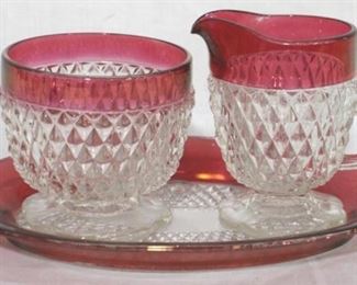 901 - Cranberry/Clear Creamer and Sugar with Underplate
