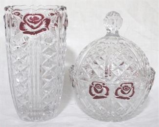 906 - 2 piece Crystal with red accent Vase and Dish with lid
