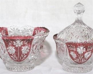 908 - 2 piece Cranberry/Clear Items Vase and Dish with Lid
