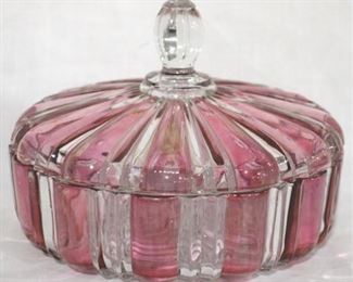 909 - Cranberry/Clear Dish with lid 6 1/2 x 5 1/2
