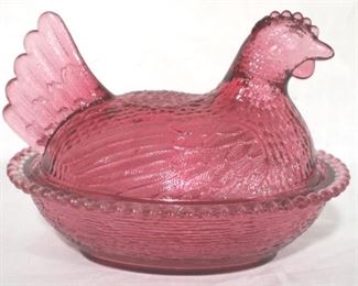 912 - Cranberry Glass Hen on Nest 7x6
