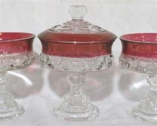 921 - Kings Crown 3 cranberry compotes, 1 with lid 5 1/4 tall
