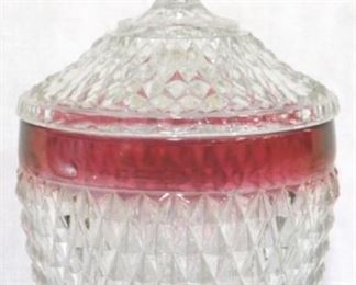 926 - Cranberry/Clear Glass Biscuit Jar with Lid 11 tall
