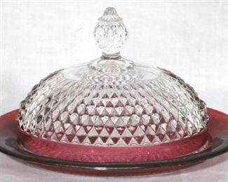 941 - Crown Point Cranberry/Clear Covered Dish 8 1/2 x 6
