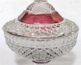 951 - Red/Clear Glass Compote with lid 7 tall
