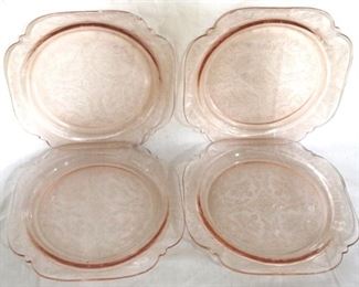 955 - 4 Pink Madrid Depression Glass Dinner Plates 10 1/4 Round
