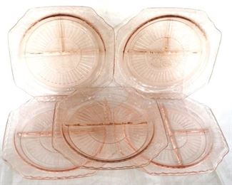 957 - 5 Pink Open Rose 9.5" grill plates depression glass
