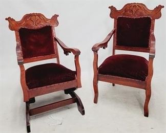 1401 - Vintage pair Victorian parlor chair & rocker platform style rocking chair red velvet upholstery chair 40 x 22 x 22, rocker 37 x 22 x 24
