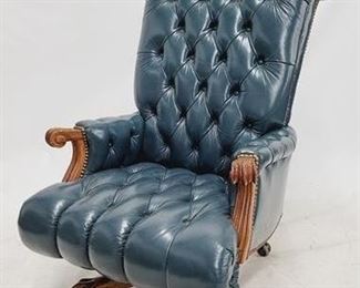 1402 - Leathercraft tufted slate leather office chair Oak carved base & arm rests 37 x 28 x 44
