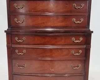 1409 - Bassett mahogany bow front chest on chest has scratches & some veneer loss to right foot 53 x 36 x 19.5
