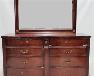 1410 - Bassett mahogany dresser with mirror double bowed front has many scratches & loss to hardware 53 x 56 x 19
