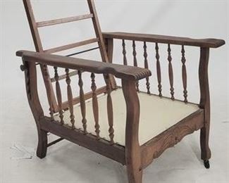 1420 - Vintage oak carved morris reclining chair no cushions 26.5 x 30 x 39
