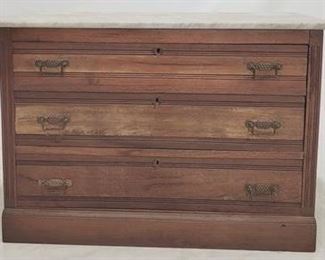 1421 - Vintage marble top Eastlake 3 drawer chest 42 x 17.5 x 28
