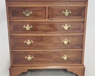 2002 - English 2 over 3 bachelor chest with tray tooled leather pull out surface bracket foot, burled finish 25 x 17.5 x 23.5

