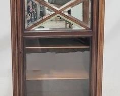 2012 - English inlaid stand with mirrored front lovely urn inlay, carved gallery beveled mirror & glass door 45.5 x 14.5 x 23
