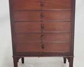 2013 - English mahogany carved sheet music cabinet 37.5 x 21.5 x 16.5
