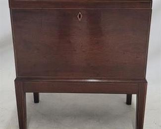 2021 - English lift top wine cellaret inlaid escutcheon, lined interior 26 x 22 x 12
